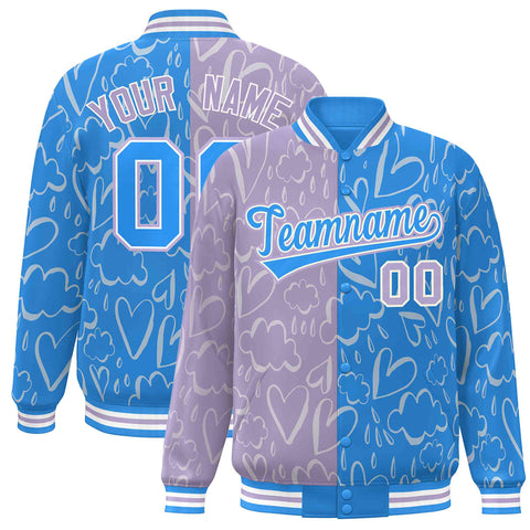 Custom Powder Blue Lt Purple Split Fashion Letterman Bomber Graffiti Pattern Baseball Jacket