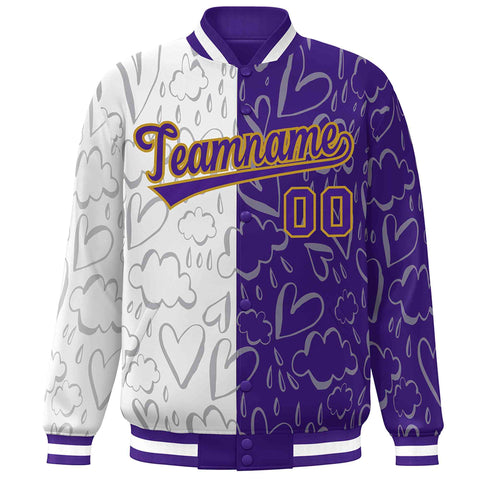 Custom Purple White Split Fashion Letterman Bomber Graffiti Pattern Baseball Jacket