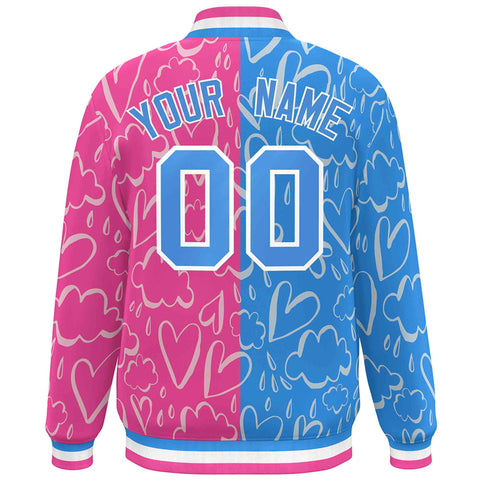 Custom Pink Powder Blue Split Fashion Letterman Bomber Graffiti Pattern Baseball Jacket