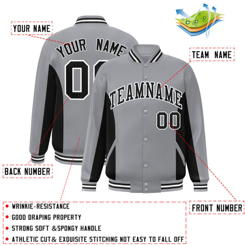 Custom Gray Black Varsity Full-Snap Color Block Letterman Baseball Jacket