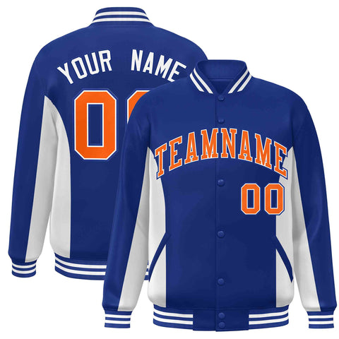 Custom Royal White-Orange Varsity Full-Snap Color Block Letterman Baseball Jacket