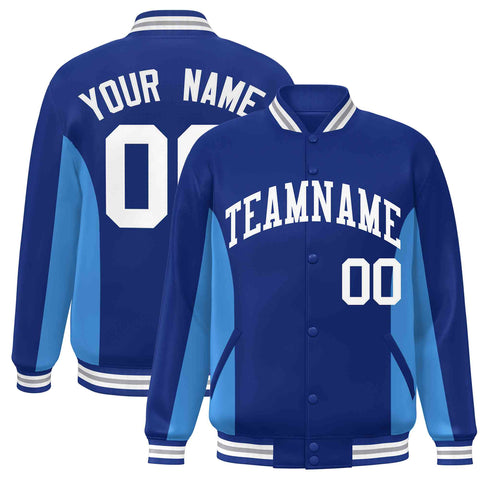 Custom Royal Powder Blue-White Varsity Full-Snap Color Block Letterman Baseball Jacket