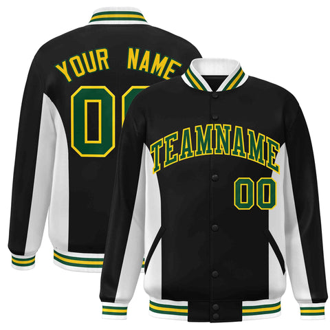Custom Black White-Green Varsity Full-Snap Color Block Letterman Baseball Jacket