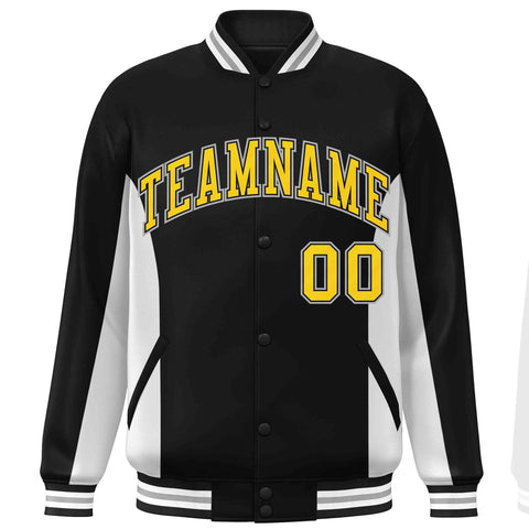 Custom Black White-Gold Varsity Full-Snap Color Block Letterman Baseball Jacket