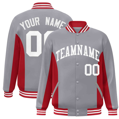 Custom Gray Red-White Varsity Full-Snap Color Block Letterman Baseball Jacket