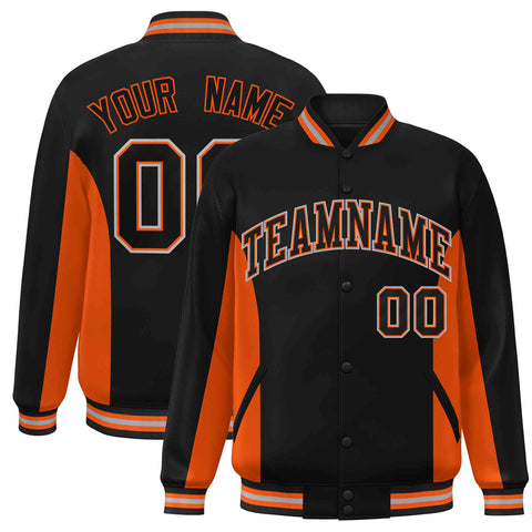 Custom Black Orange Varsity Full-Snap Color Block Letterman Baseball Jacket