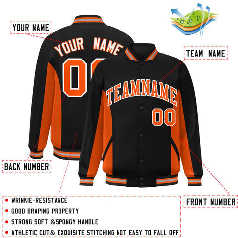Custom Black Orange Varsity Full-Snap Color Block Letterman Baseball Jacket