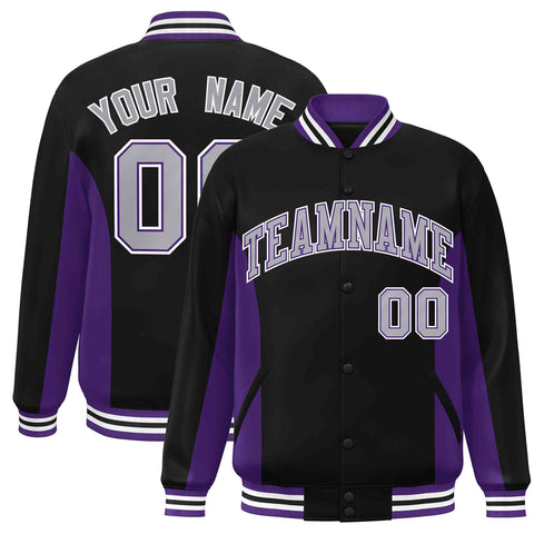 Custom Black Purple-Gray Varsity Full-Snap Color Block Letterman Baseball Jacket
