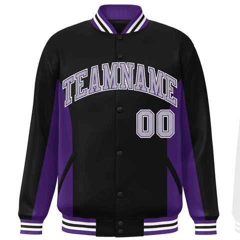 Custom Black Purple-Gray Varsity Full-Snap Color Block Letterman Baseball Jacket