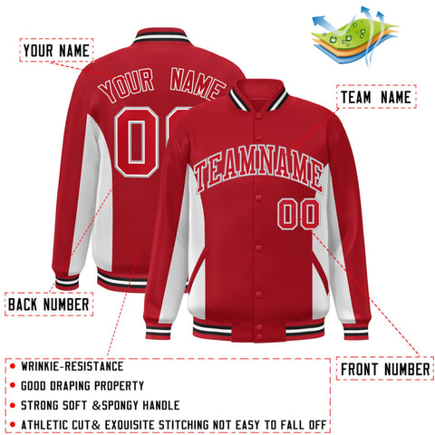 Custom Red White Varsity Full-Snap Color Block Letterman Baseball Jacket