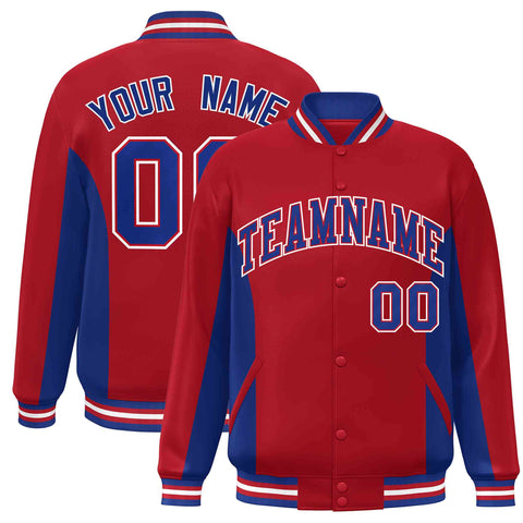 Custom Red Royal Varsity Full-Snap Color Block Letterman Baseball Jacket