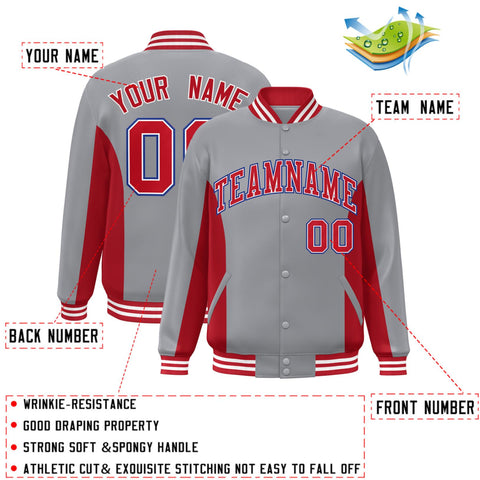 Custom Gray Red Varsity Full-Snap Color Block Letterman Baseball Jacket