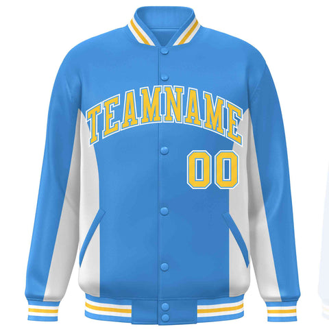 Custom Powder Blue White-Gold Varsity Full-Snap Color Block Letterman Baseball Jacket