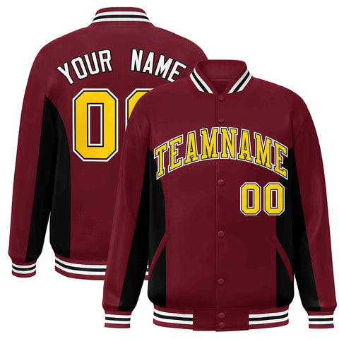 Custom Crimson Black-Gold Varsity Full-Snap Color Block Letterman Baseball Jacket