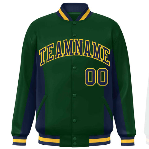 Custom Green Navy Varsity Full-Snap Color Block Letterman Baseball Jacket