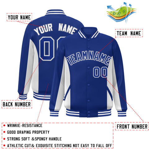Custom Royal White Varsity Full-Snap Color Block Letterman Baseball Jacket