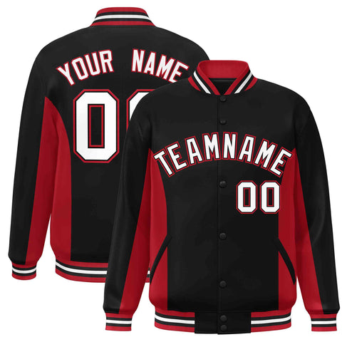 Custom Black Red-White Varsity Full-Snap Color Block Letterman Baseball Jacket