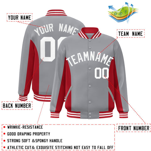 Custom Gray Red-White Varsity Full-Snap Color Block Letterman Baseball Jacket