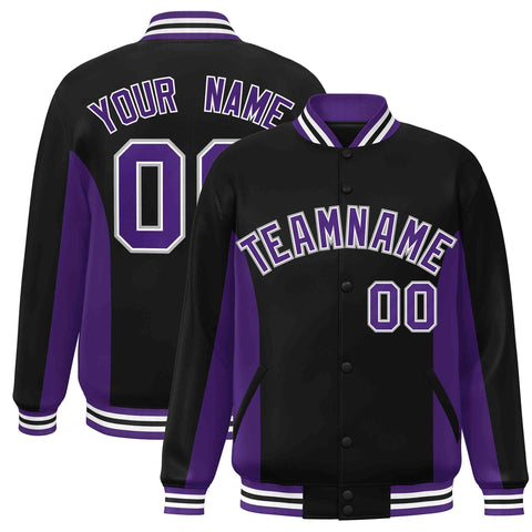 Custom Black Purple Varsity Full-Snap Color Block Letterman Baseball Jacket