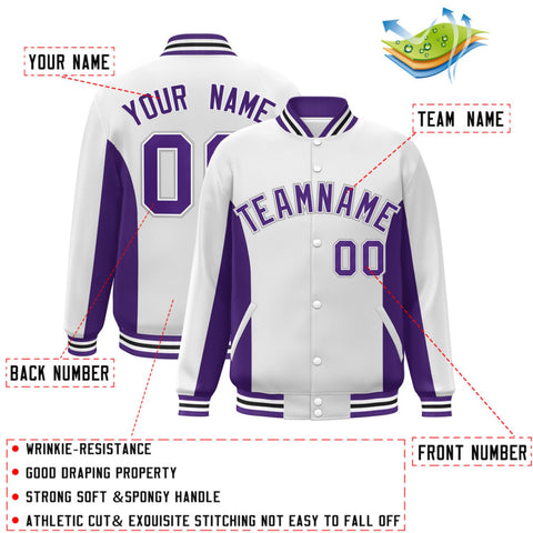 Custom White Purple Varsity Full-Snap Color Block Letterman Baseball Jacket