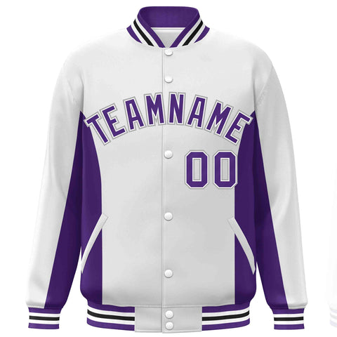 Custom White Purple Varsity Full-Snap Color Block Letterman Baseball Jacket