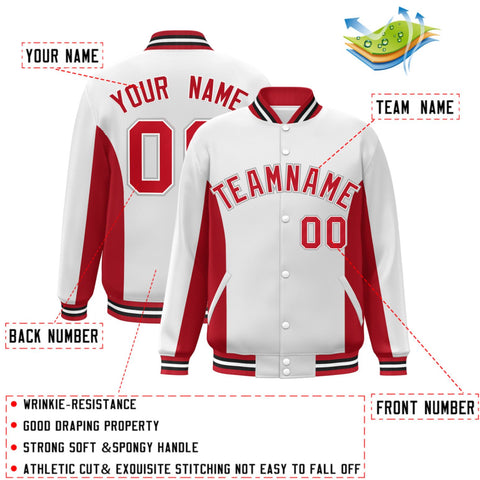 Custom White Red Varsity Full-Snap Color Block Letterman Baseball Jacket