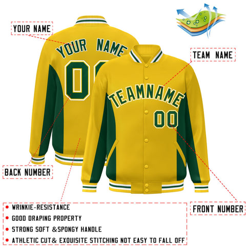Custom Gold Green Varsity Full-Snap Color Block Letterman Baseball Jacket