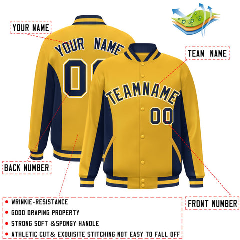 Custom Gold Navy Varsity Full-Snap Color Block Letterman Baseball Jacket