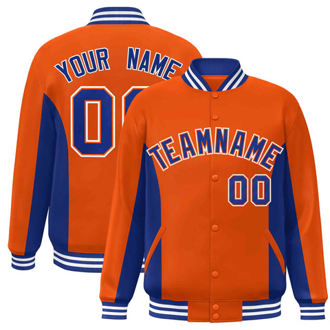 Custom Orange Royal Varsity Full-Snap Color Block Letterman Baseball Jacket