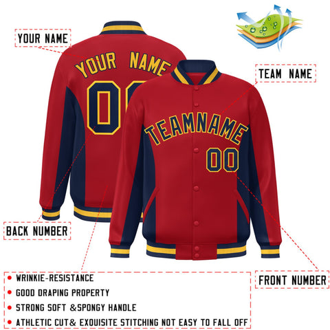 Custom Red Navy Varsity Full-Snap Color Block Letterman Baseball Jacket