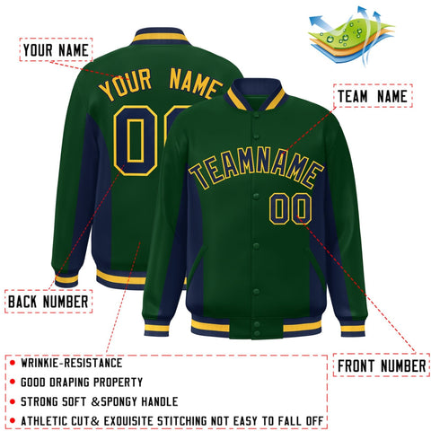 Custom Green Navy Varsity Full-Snap Color Block Letterman Baseball Jacket