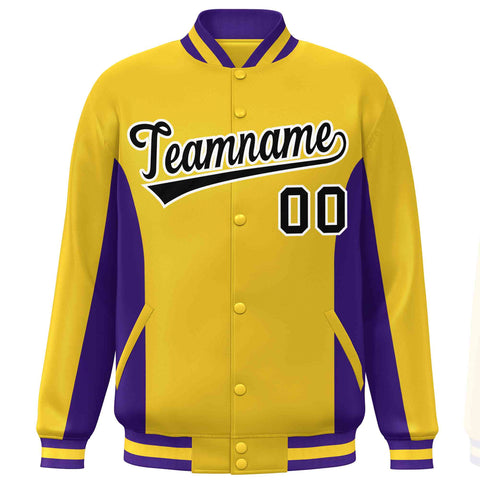Custom Gold Purple-Black Varsity Full-Snap Color Block Letterman Baseball Jacket