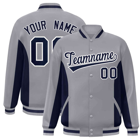 Custom Gray Navy Varsity Full-Snap Color Block Letterman Baseball Jacket