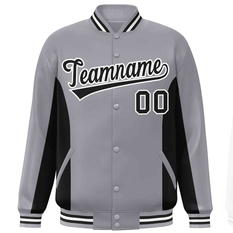Custom Gray Black Varsity Full-Snap Color Block Letterman Baseball Jacket