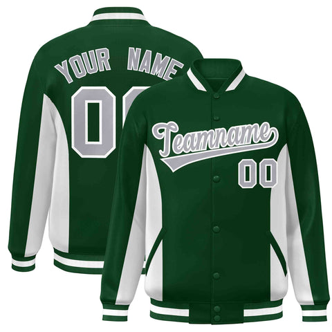 Custom Green White-Gray Varsity Full-Snap Color Block Letterman Baseball Jacket