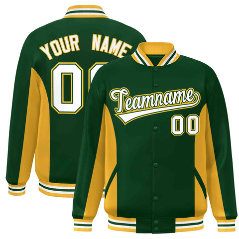Custom Green Gold-White Varsity Full-Snap Color Block Letterman Baseball Jacket