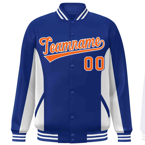 Custom Royal White-Orange Varsity Full-Snap Color Block Letterman Baseball Jacket