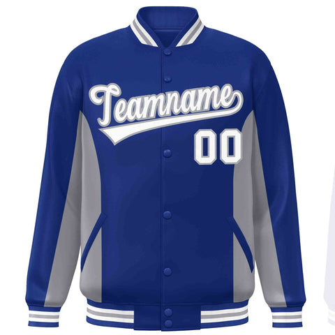 Custom Royal Gray-White Varsity Full-Snap Color Block Letterman Baseball Jacket