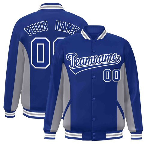 Custom Royal Gray Varsity Full-Snap Color Block Letterman Baseball Jacket