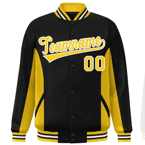 Custom Black Gold Varsity Full-Snap Color Block Letterman Baseball Jacket