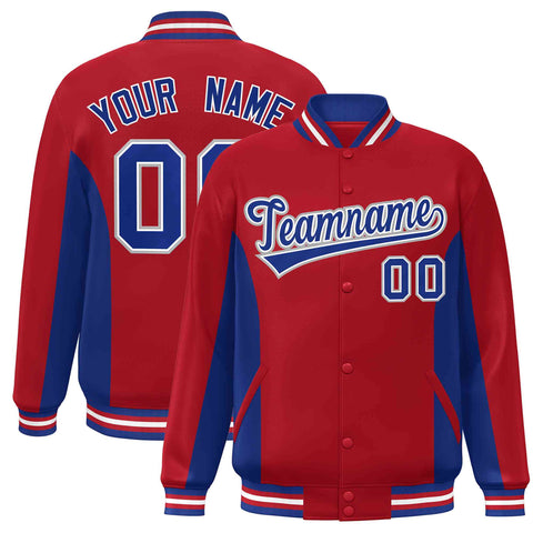 Custom Red Royal Varsity Full-Snap Color Block Letterman Baseball Jacket