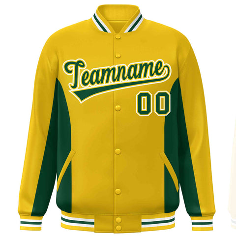 Custom Gold Green Varsity Full-Snap Color Block Letterman Baseball Jacket