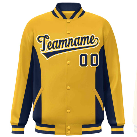 Custom Gold Navy Varsity Full-Snap Color Block Letterman Baseball Jacket