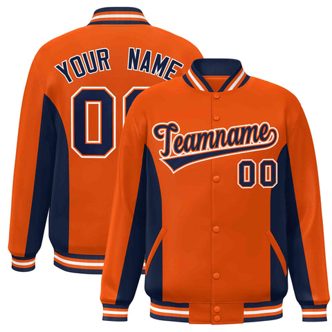 Custom Orange Navy Varsity Full-Snap Color Block Letterman Baseball Jacket