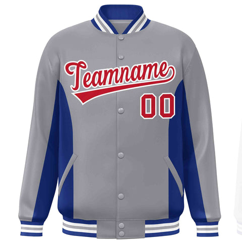 Custom Gray Royal-Red Varsity Full-Snap Color Block Letterman Baseball Jacket