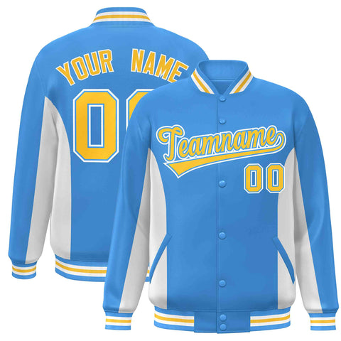 Custom Powder Blue White-Gold Varsity Full-Snap Color Block Letterman Baseball Jacket