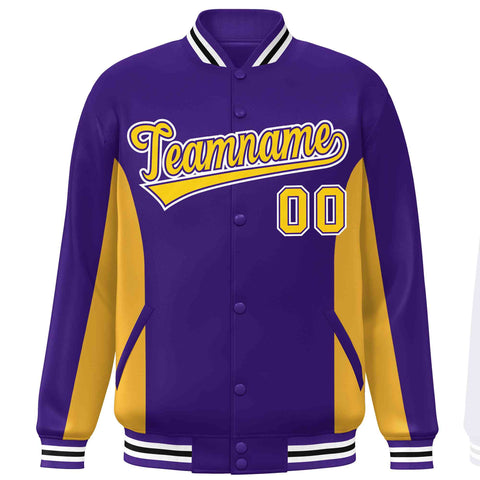 Custom Purple Gold Varsity Full-Snap Color Block Letterman Baseball Jacket