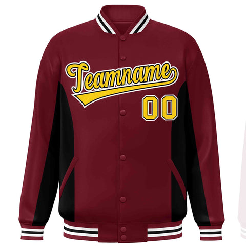 Custom Crimson Black-Gold Varsity Full-Snap Color Block Letterman Baseball Jacket