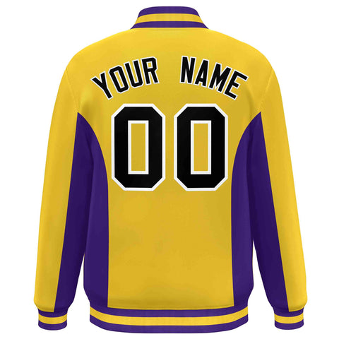 Custom Gold Purple-Black Varsity Full-Snap Color Block Letterman Baseball Jacket