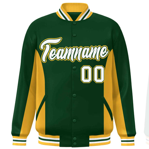 Custom Green Gold-White Varsity Full-Snap Color Block Letterman Baseball Jacket